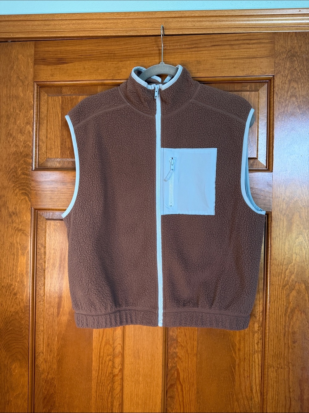 Never Worn SO Brown Sherpa Vest with Light Blue Trim